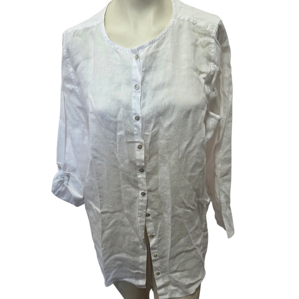 Tahari 100% Linen White Tunic Blouse Roll Tab Sleeve Button Front Women's 1X